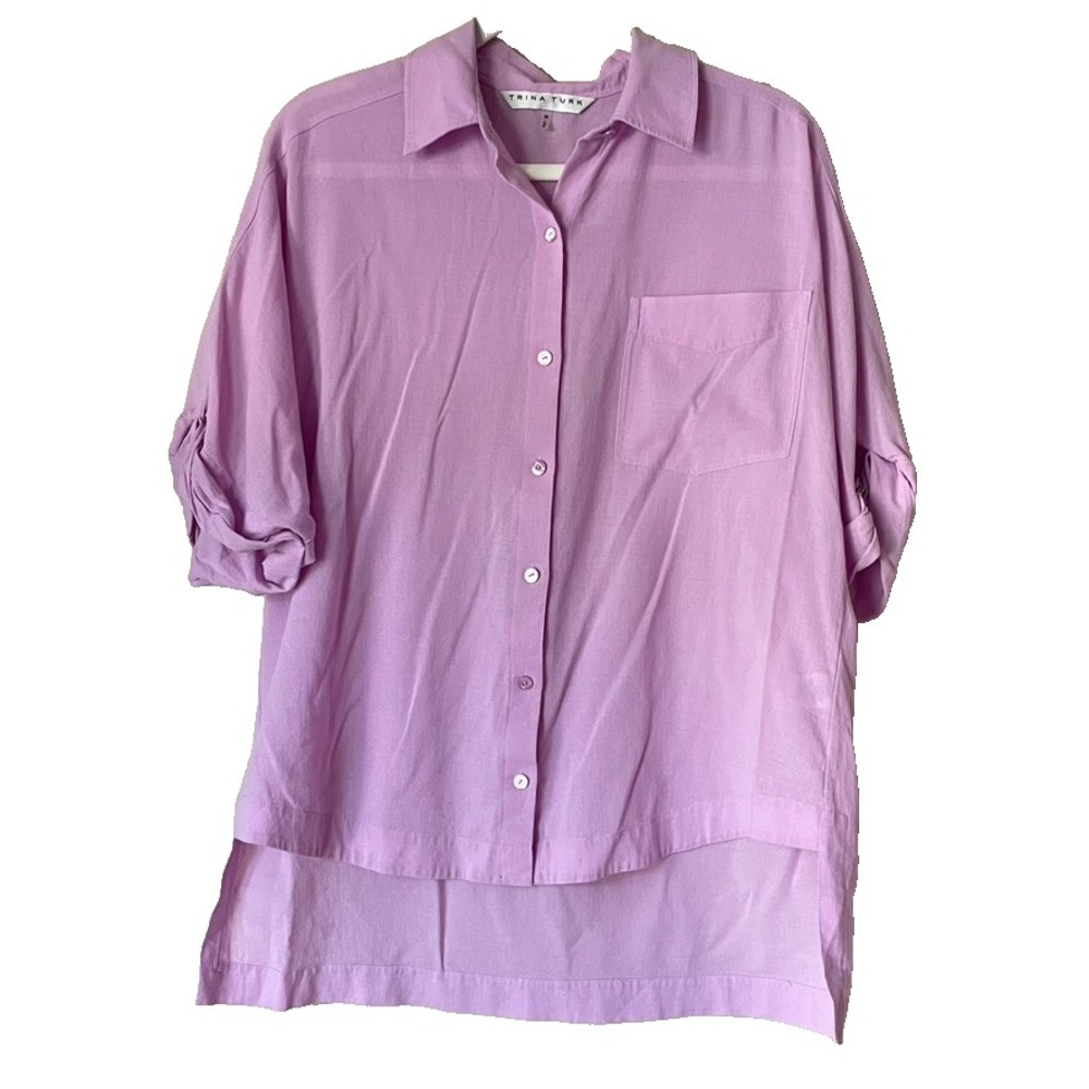 Trina Turk Hawaii Button-Front Lilac Cuffed‎ Cotton Boxy Top Hi Lo Size Medium